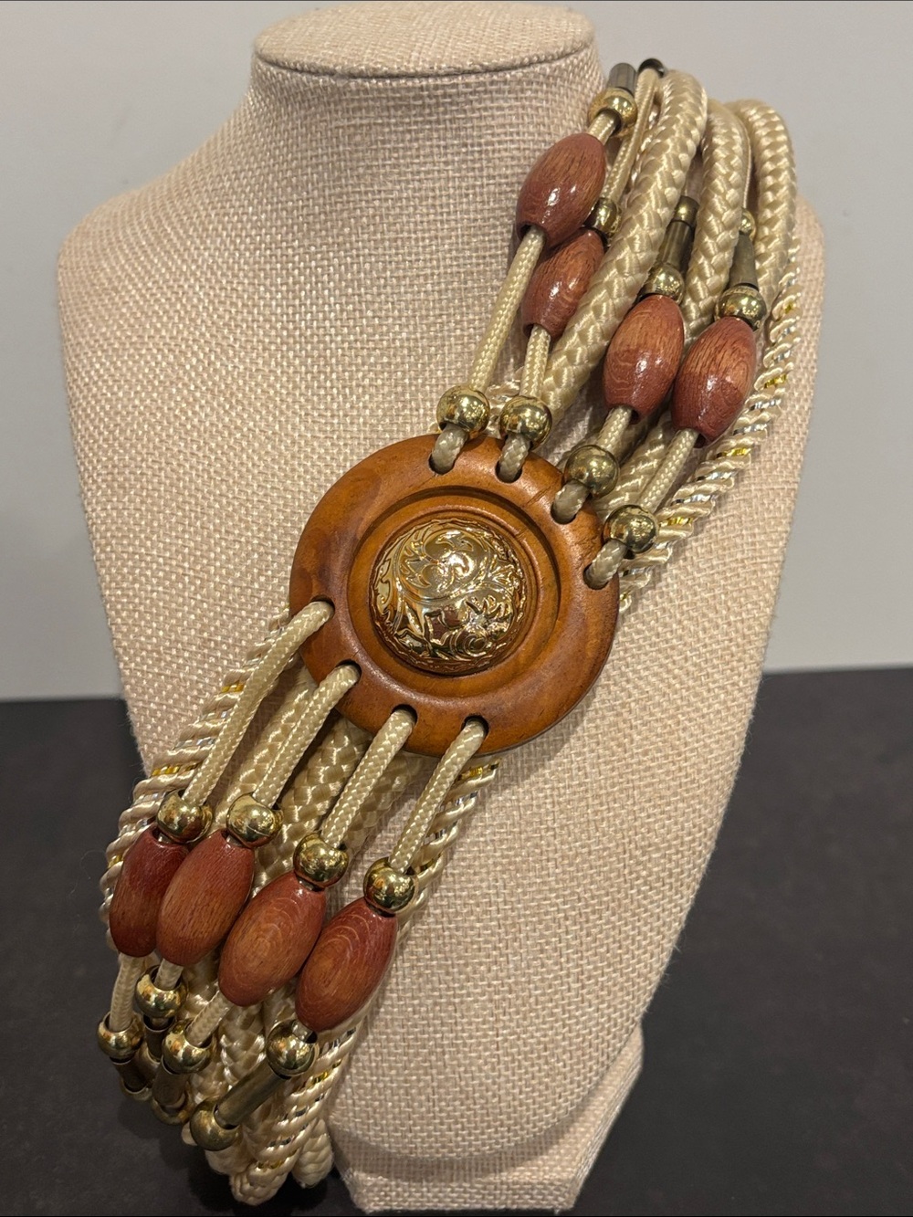 Vintage Motion East Multi Strand Rope Belt Wooden Bead Medallion Boho sz S/M